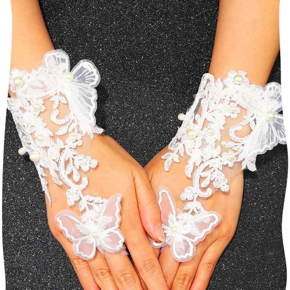Lace Fingerless Gloves Women's Short Butterfly Elegant Tea Party Wedding